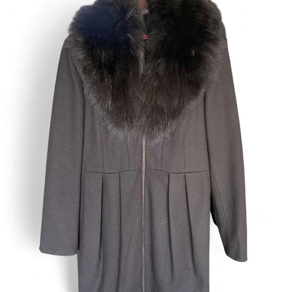 Alice + Olivia Black Wool Pleated Coat w/ Genuine Fox Fur Collar – M
